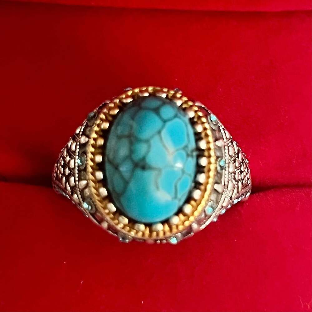 Vintage Boho Style Turquoise Stone Silver Ring Size 13